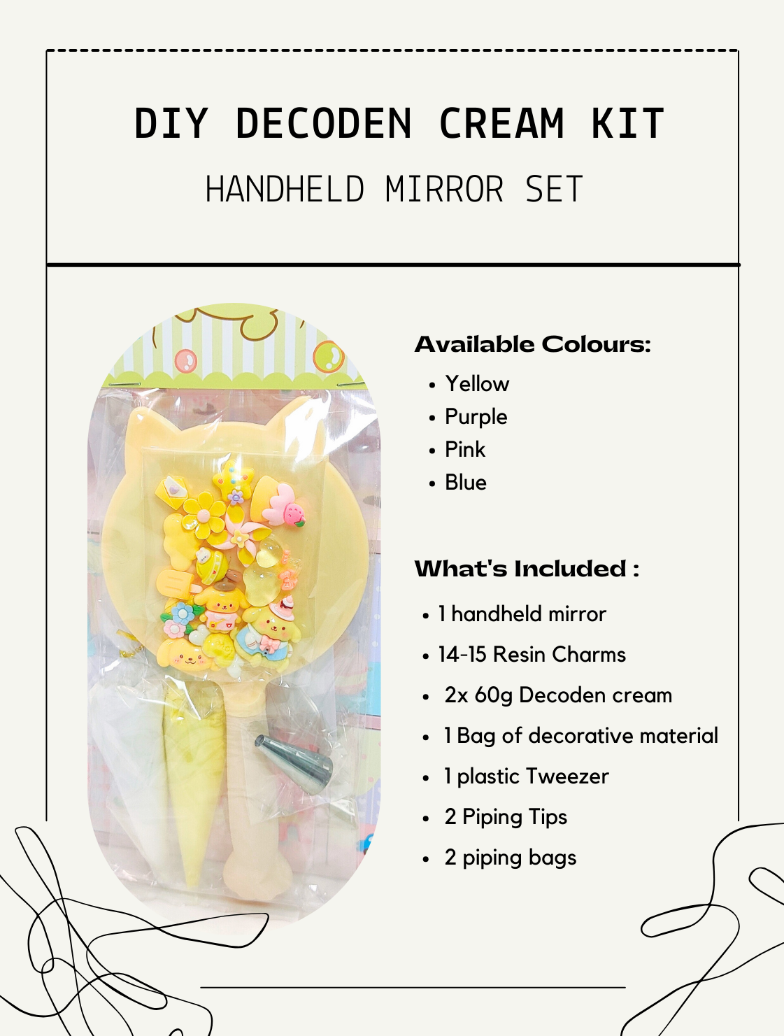 DIY Decoden Cream Kit for Handheld Mirrors – Customise in Yellow, Purple, Pink, or Blue