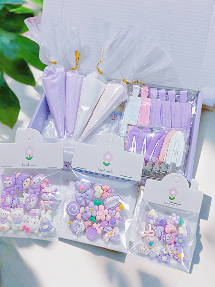 DIY Decoden Cream Kit for Hair Clips – Handmade Craft Set with 4 Colour Themes (Purple, Pink, Yellow, Blue)