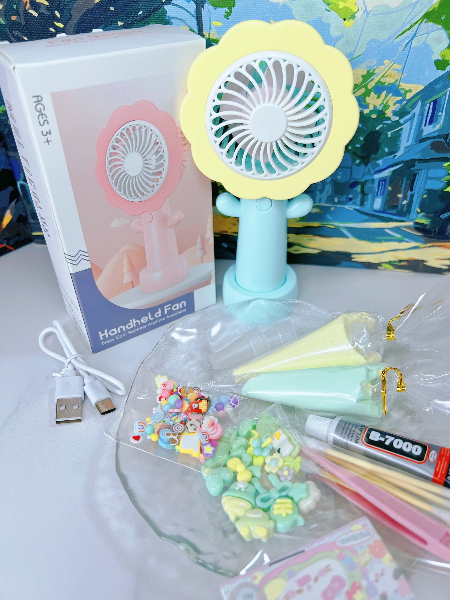 DIY Decoden Flower Fan Kit – Kawaii Handheld Fan Set with Decoden Cream, Charms & Glue – Cute Summer Craft Gift