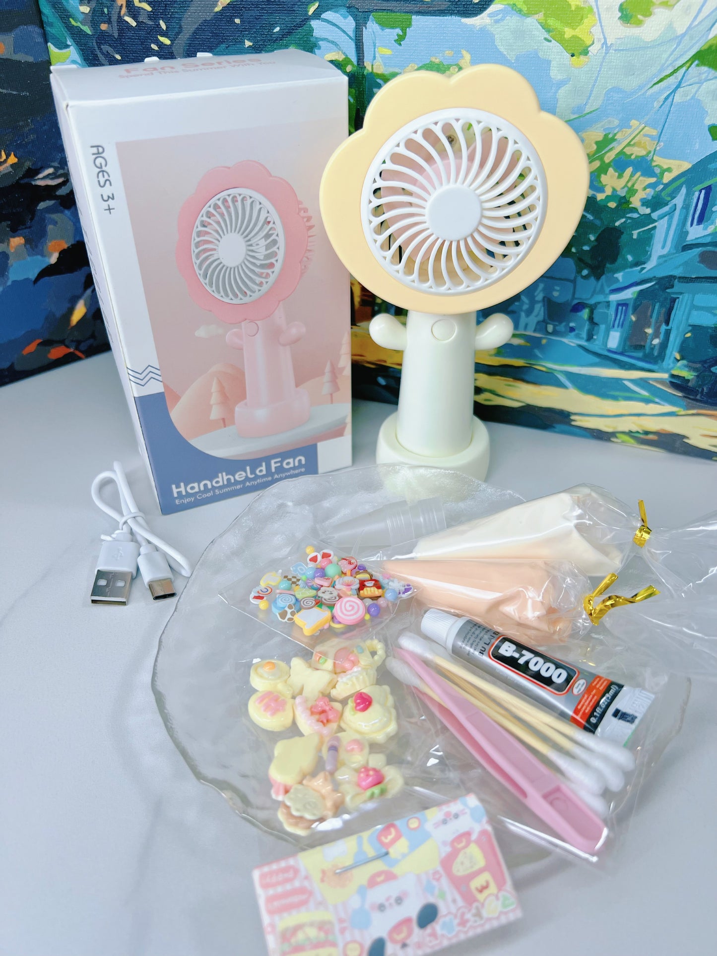 DIY Decoden Flower Fan Kit – Kawaii Handheld Fan Set with Decoden Cream, Charms & Glue – Cute Summer Craft Gift
