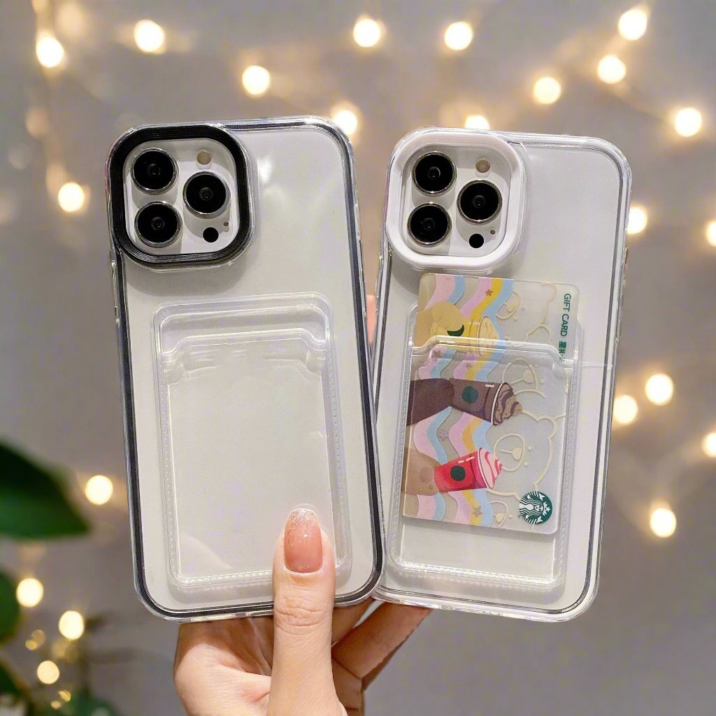 Set of Clear iPhone Case with Card Holder & Coloured Edges – 11 Colour Options, Perfect for Decoden & DIY Decoration
