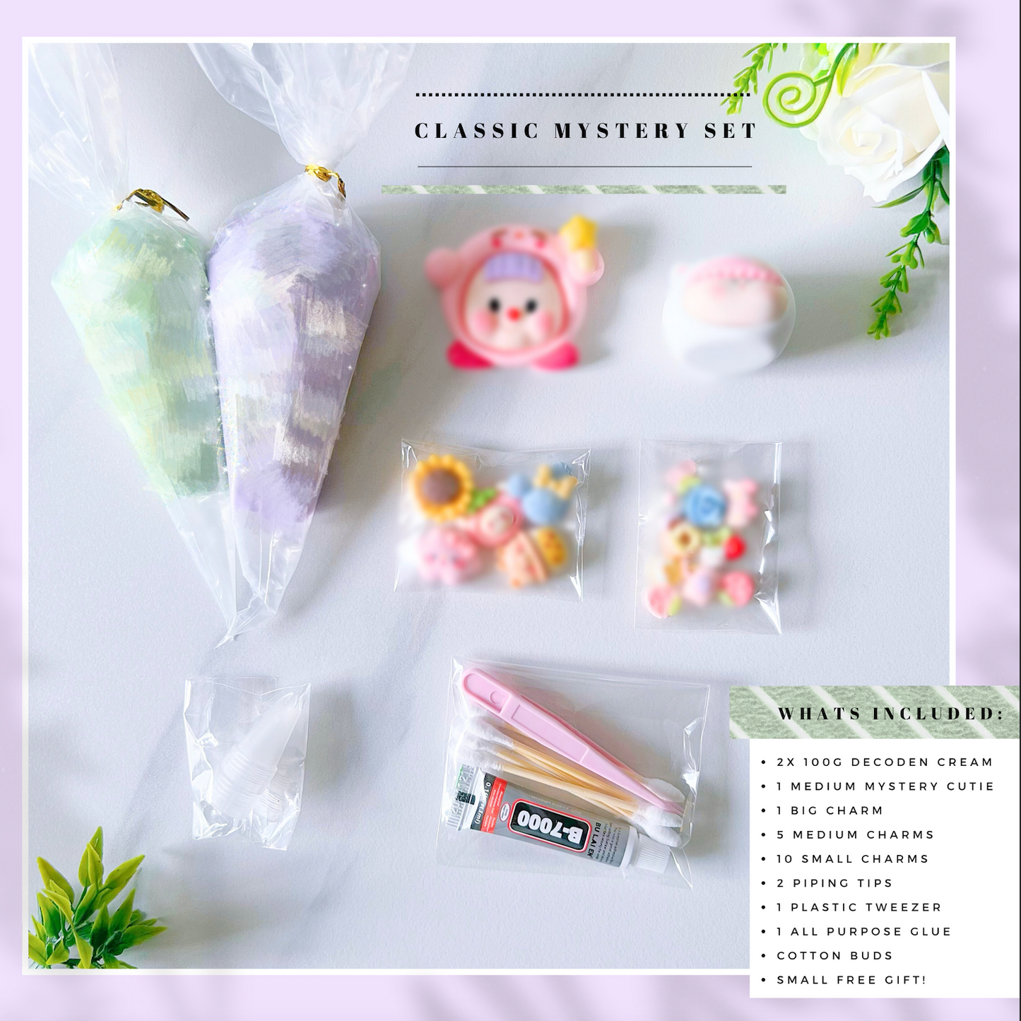 Mystery Decoden Kit with Figurine – DIY Kawaii Craft Set | Decoden Cream Glue, Cute Cabochons & Tools | 3 Size Options | Surprise Gift Box