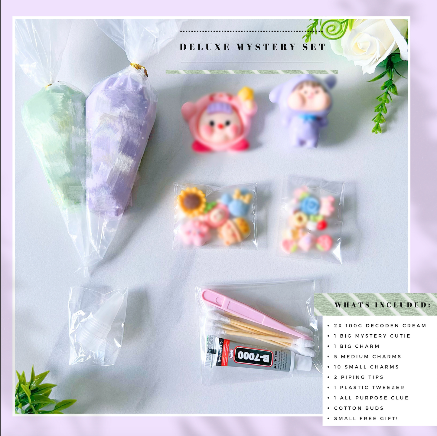 Mystery Decoden Kit with Figurine – DIY Kawaii Craft Set | Decoden Cream Glue, Cute Cabochons & Tools | 3 Size Options | Surprise Gift Box