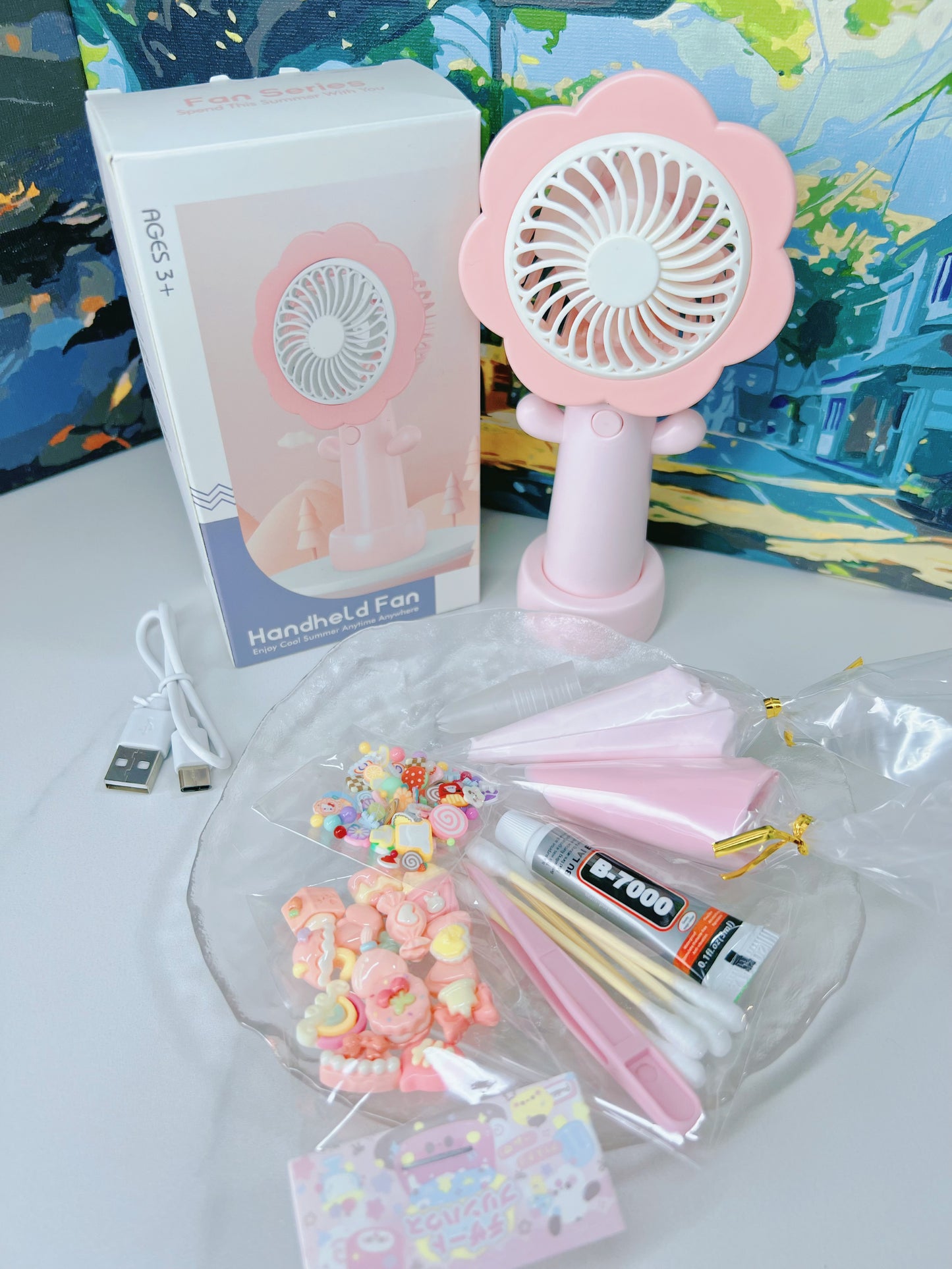 DIY Decoden Flower Fan Kit – Kawaii Handheld Fan Set with Decoden Cream, Charms & Glue – Cute Summer Craft Gift