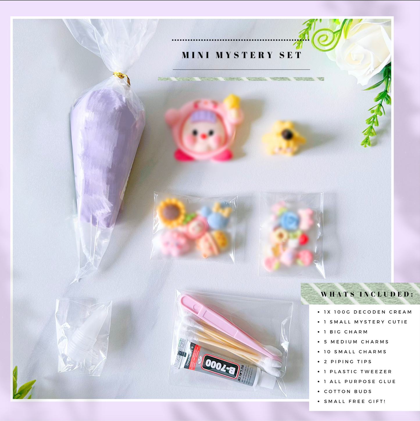 Mystery Decoden Kit with Figurine – DIY Kawaii Craft Set | Decoden Cream Glue, Cute Cabochons & Tools | 3 Size Options | Surprise Gift Box