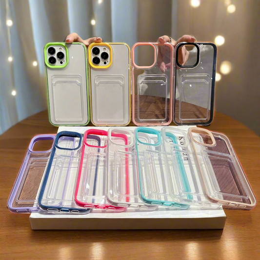 Set of Clear iPhone Case with Card Holder & Coloured Edges – 11 Colour Options, Perfect for Decoden & DIY Decoration